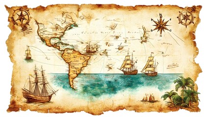 Vector illustration of a vintage map of the Caribbean Sea on worn parchment, featuring ships, islands, land, wind rose, and cardinal points, with a fantasy world design