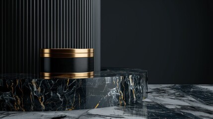 A sleek, modern display featuring a black and gold pedestal on a marble surface, ideal for showcasing products.