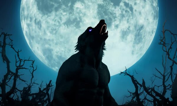Halloween werewolf howling at the full moon, surrounded by twisted, dark trees. Video