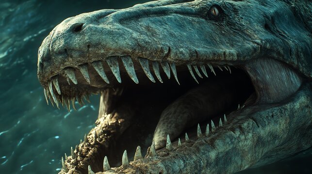 Close-up of a fierce aquatic dinosaur with sharp teeth, showcasing prehistoric predator features in an underwater setting.
