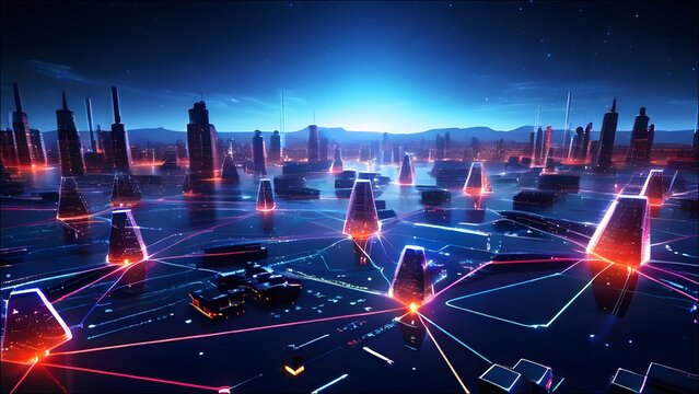 Show a network of interconnected AI systems, each represented by glowing nodes in a futuristic digital landscape. 