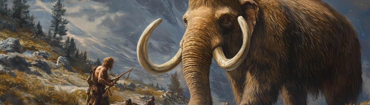 A prehistoric human hunting a woolly mammoth in a rugged landscape, capturing the essence of ancient survival and adventure.