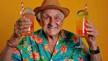 A cheerful man celebrates with colorful cocktails at a summer party showcasing his vibrant style in a sunny atmosphere - Powered by Adobe