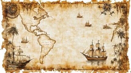 Vector illustration of a vintage map of the Caribbean Sea on worn parchment, featuring ships, islands, land, wind rose, and cardinal points, with a fantasy world design