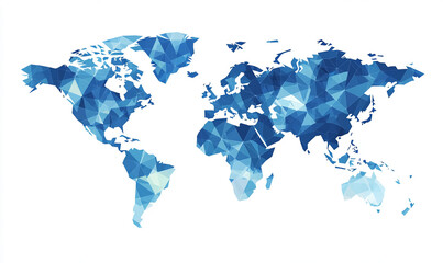 Abstract blue polygonal world map on a white background. Geometric representation of continents with a low-poly style.