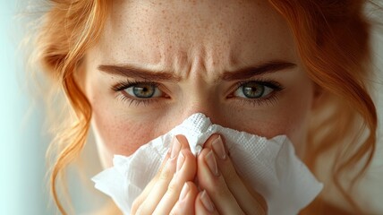 A person sneezing into a tissue, with visible lines or small puffs of air to indicate the action