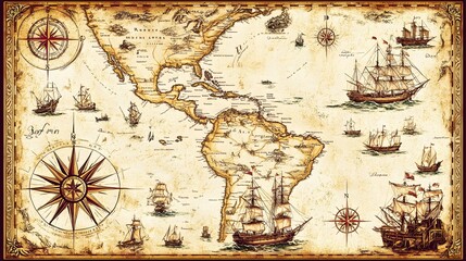 Fototapeta premium Vector illustration of a vintage map of the Caribbean Sea on worn parchment, featuring ships, islands, land, wind rose, and cardinal points, with a fantasy world design