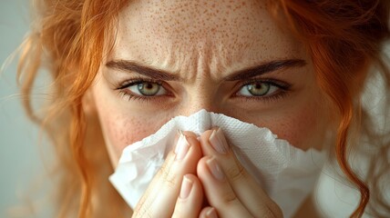 A person sneezing into a tissue, with visible lines or small puffs of air to indicate the action