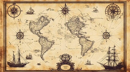 Naklejka premium Vector illustration of a vintage map of the Caribbean Sea on worn parchment, featuring ships, islands, land, wind rose, and cardinal points, with a fantasy world design