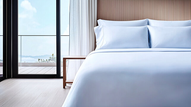 a luxurious king-size bed with crisp white sheets and a plush sky-blue comforter