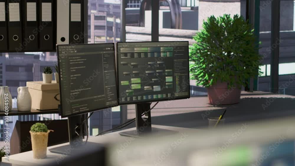 Poster empty it department office used for building ai neural networks software technology. close up of com