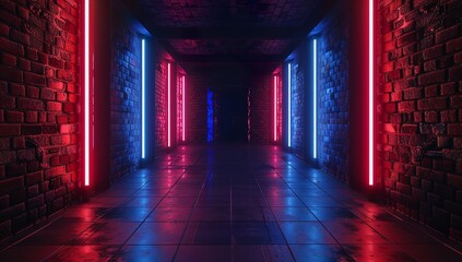 A dark room with red and blue neon lights on the walls, creating an...