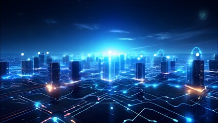 Fototapeta premium Show a network of interconnected AI systems, each represented by glowing nodes in a futuristic digital landscape. 