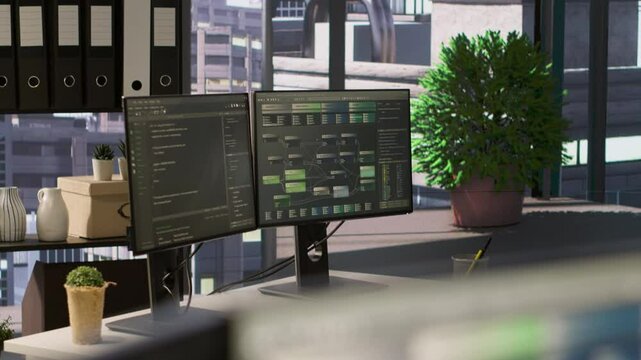 Empty IT department office used for building AI neural networks software technology. Close up of computer monitors in company workspace with nobody in and devices left open on desks