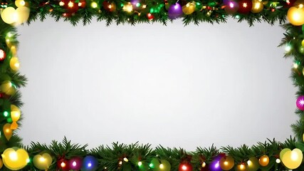 A festive frame made of green garlands, colorful ornaments, and glowing lights, creating a holiday-themed border with a blank center perfect for a message or greeting.