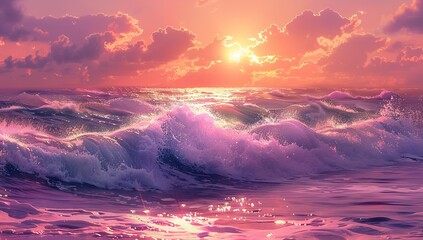 Fototapeta premium illustration of ocean waves at sunset, cartoon style, fantasy world,...