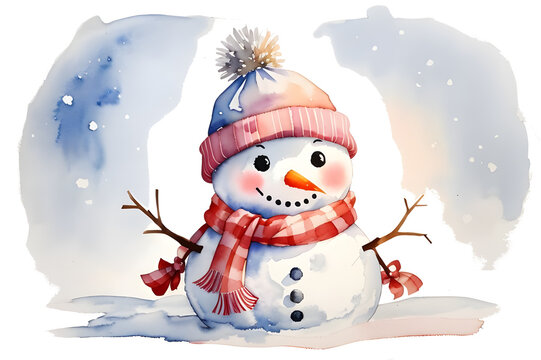 Smiling snowman with a red check scard and red knit hat. Watercolor illustration isolated background png. 