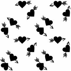 Small Hearts with Arrow Black Pattern on White Background