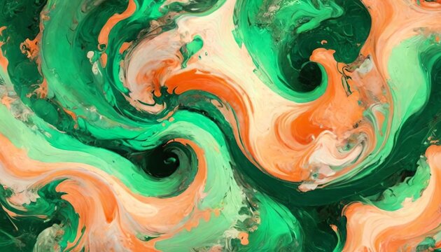 Enigmatic emerald green and soft peach swirl together, embodying the charm of a magical garden where anything is possible, Generative AI