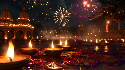 A night scene of Diwali with numerous lit lamps and bright lights decorating Indian temples, diwali banner