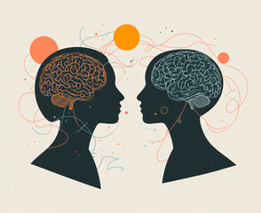 Stylized illustration of two human silhouettes facing each other with visible brains and abstract lines. Conceptual artwork representing cognitive connections and brain function.

