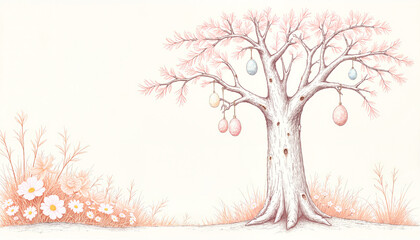 Artistic illustration of a bare Easter egg tree with pastel eggs and flowers on a light background