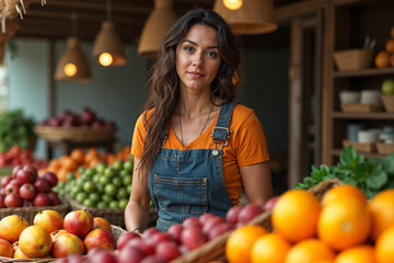 Obraz premium Woman wearing a denim jumpsuit and an orange shirt is standing behind a fruit stand, smiling at the camera.