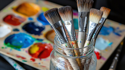 Fototapeta premium close-up of paintbrushes in glass jar, palette with mixed colors in background