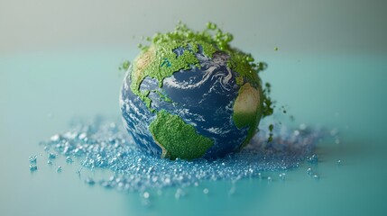 Fototapeta premium Water droplets forming continents on a globe, emphasizing the global interconnectedness of water resources