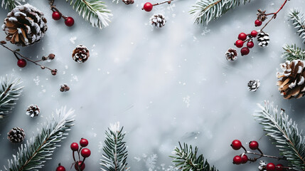 on a white background a frame of snow-covered spruce branches, cones and Christmas tree toys with space for text, the basis for a Christmas banner with copy space