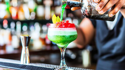 a skilled bartender pouring a vibrant, layered cocktail
