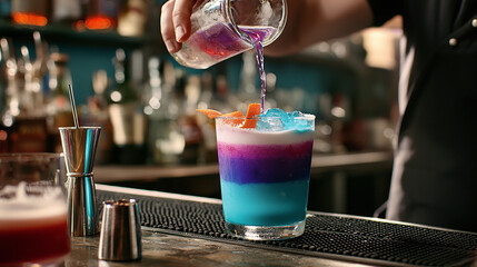 a skilled bartender pouring a vibrant, layered cocktail