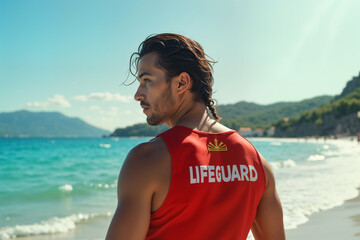 Man standing on a beach, looking out towards the sea with his hair blowing in the wind. He is wearing a red life guard tank top with the word life guard printed on it.