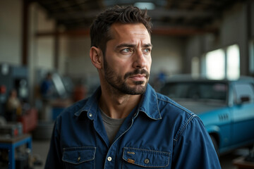 Obraz premium Bearded man, possibly a mechanic or auto worker, stands in a garage with his gaze directed off to the side, wearing a blue work shirt and looking contemplative.