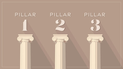 Modern classic pillar concept, 3 topics, finance, education, investment theme graphics -tonal series of graphics for business presentations, brochures or website graphic design. Vector shadows, simple