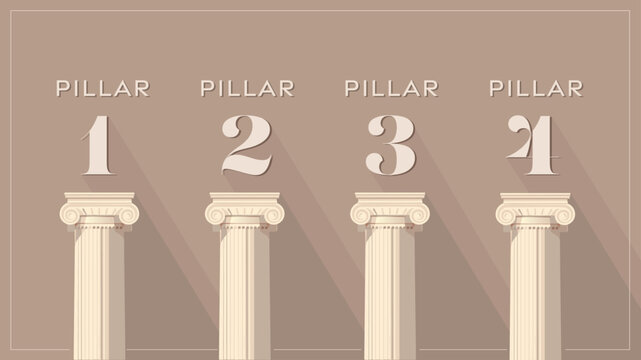 Modern classic pillar concept, 4 topics, finance, education, investment theme graphics -tonal series of graphics for business presentations, brochures or website graphic design. Vector shadows, simple
