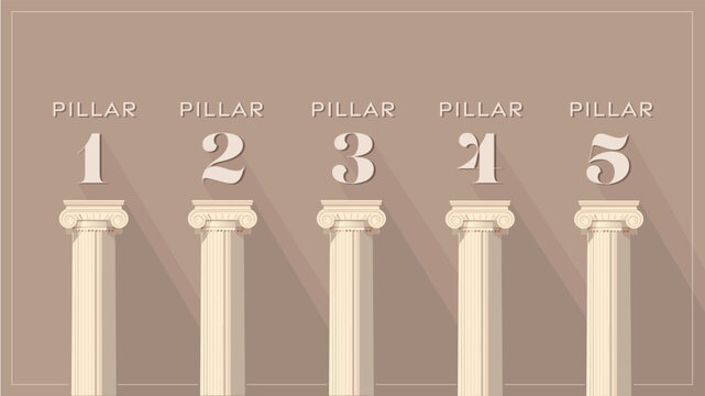 Modern classic pillar concept, 5 topics, finance, education, investment theme graphics -tonal series of graphics for business presentations, brochures or website graphic design. Vector shadows, simple