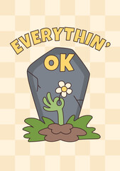 Funny groovy Halloween poster with zombie hand coming out of the ground near gravestone and Everything OK inscription. Positive humorous illustration in retro vintage style. Checkered background.