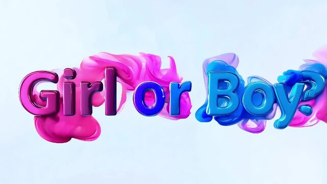 The phrase "Girl or Boy?" in bold 3D letters with a blend of pink and blue colors, surrounded by swirling clouds of pink and blue, symbolizing a playful and vibrant gender reveal theme.