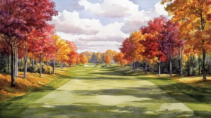 Fototapeta premium Watercolor Autumn Golf Course with Vibrant Fall Foliage