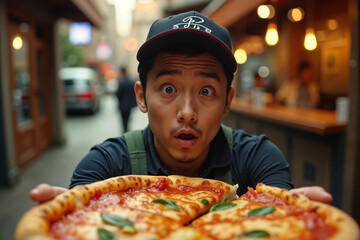 Young man with a surprised expression is holding up a pizza, possibly indicating that he is a chef or pizza maker showcasing his creation. - Powered by Adobe