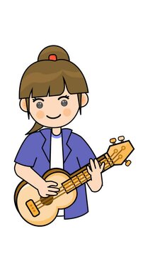 Girl plays a ukulele guitar cartoon animation in a transparent background. Suitable for adorable performance characters and musical entertainment element content. Seamless looping