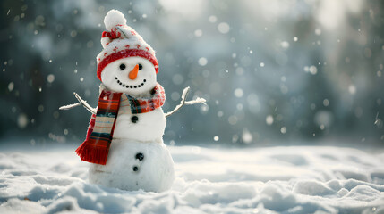 Fototapeta premium smiling snowman in hat and scarf on snow background and copy space bokeh