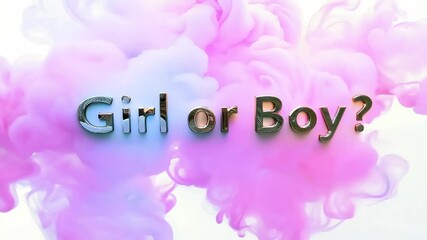 The phrase "Girl or Boy?" in bold text with pink and blue smoke swirls in the background, symbolizing a gender reveal theme with a playful and celebratory atmosphere.