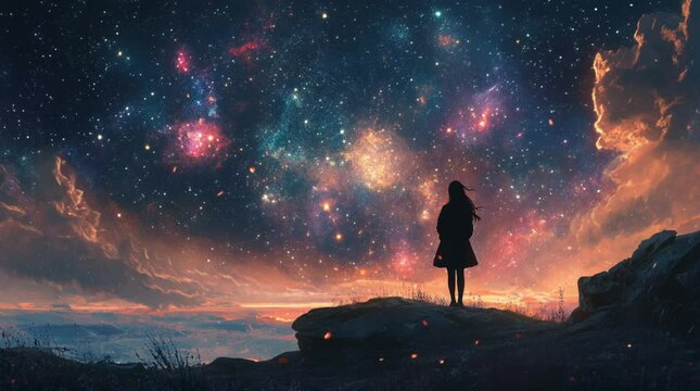 Girl standing alone under a breathtaking starry sky, embracing the beauty of the universe in solitude
 Seamless looping 4k time-lapse virtual video animation Generated AI