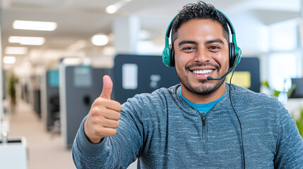 a Hispanic male agent with a headset smiling and giving thumbs up, sleek call center backdrop