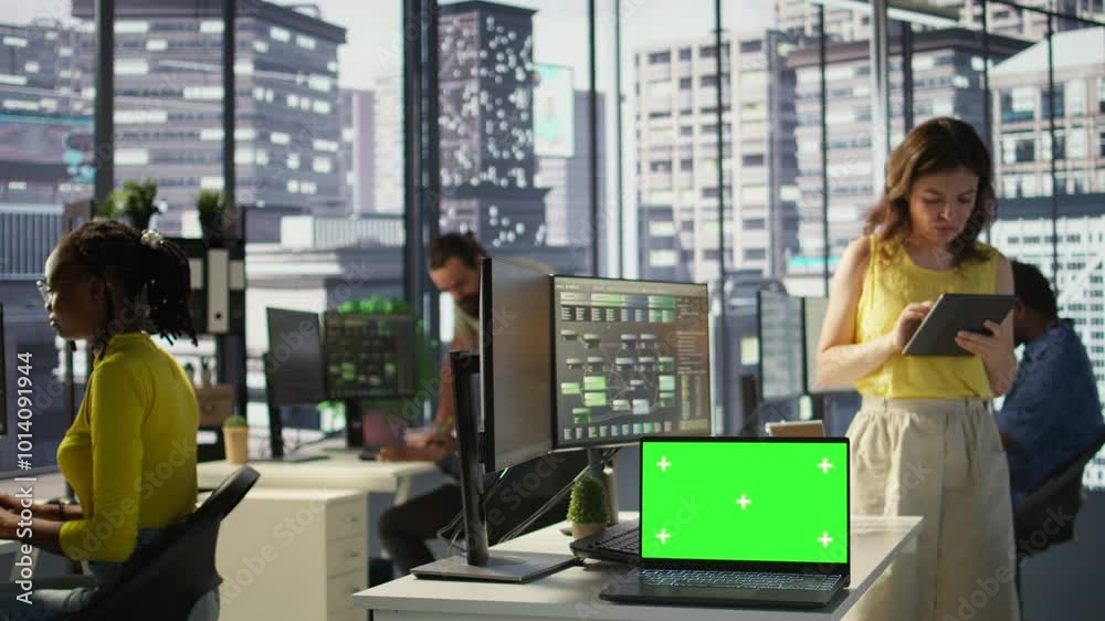 Poster focus on chroma key laptop in workspace used by computer scientists doing software debugging. close 