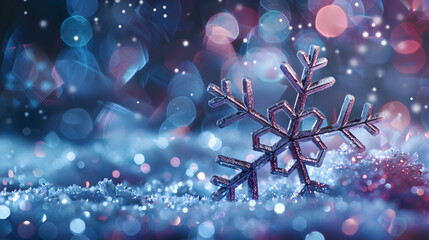 on blue background snowflake close up with bokeh and snow, base for christmas banner or christmas flyer with copy space