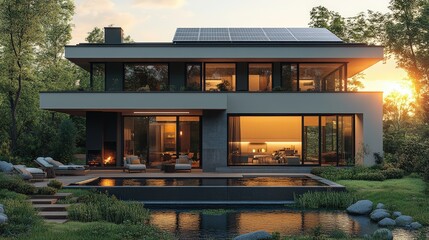 Luxury house with roof full of solar panels alternative and renewable energy source roof tile