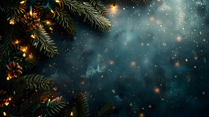 Christmas banner with copy space, glowing garland on dark blue background with space for text